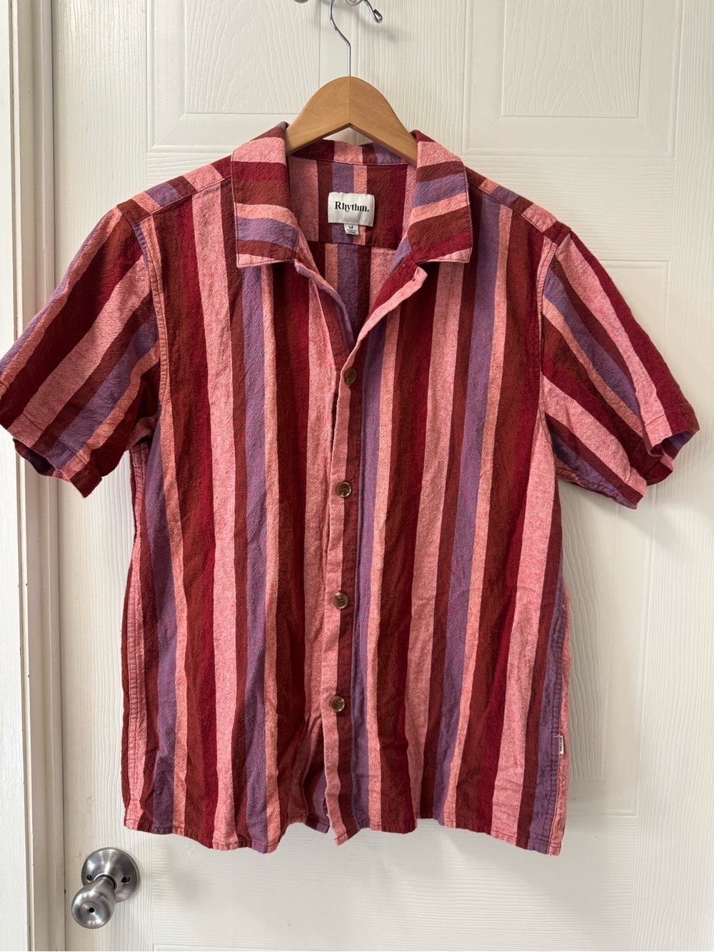 Rhythm. Men's Short-Sleeve Stripe Button-Up in Red, Pink & Purple